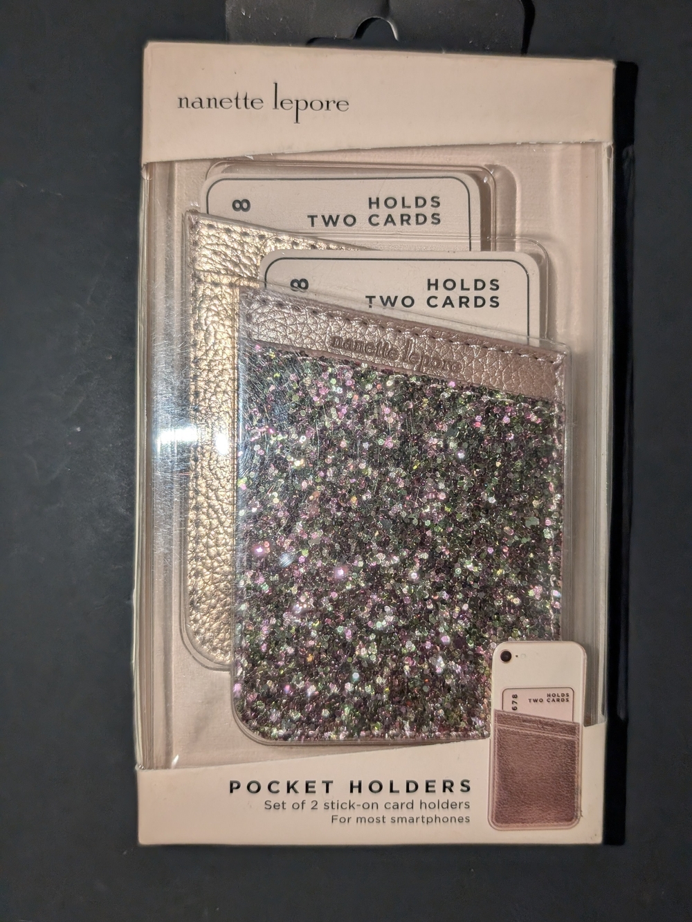Nanette Lepore Smartphone Pocket Holders Set of 2 Rose Gold Glitter Stick On NIP